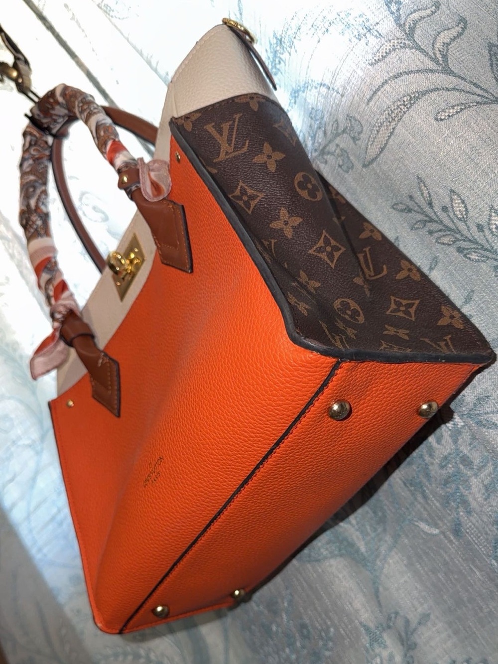 Orange and Cream Leather Tote with Monogram Side Panels - Picture 4 of 10